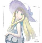  7070_015 bag blonde_hair braid commentary dated dress duffel_bag from_side green_eyes hat lillie_(pokemon) long_hair looking_to_the_side pokemon pokemon_(game) pokemon_sm side_braid simple_background sleeveless sleeveless_dress smile solo sun_hat twin_braids upper_body white_background white_dress white_hat 
