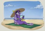  anthro beach beach_blanket blue_eyes bottomless butt clothed clothing cloud female fur garcelle hat lagomorph looking_back mammal nude outside purple_fur rabbit reign-2004 sand sea seaside sky solo tablet water wide_hips 