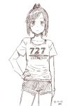  alternate_costume casual cowboy_shot dated hand_on_hip i-401_(kantai_collection) kantai_collection kawashina_(momen_silicon) looking_at_viewer monochrome shirt shorts simple_background sketch standing t-shirt white_background 