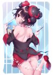  ;p ass bare_shoulders black_dress black_hair blush closed_mouth commentary_request dress fate/grand_order fate_(series) hair_ornament head_tilt highres holding holding_pen katsushika_hokusai_(fate/grand_order) ko_yu looking_at_viewer looking_back one_eye_closed pen red_eyes red_footwear shoe_soles shoes smile solo standing standing_on_one_leg tongue tongue_out 