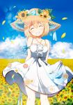  ^_^ bangs bare_shoulders black_bow black_ribbon blonde_hair blue_bow blue_flower blue_ribbon blue_sky blurry blurry_background blush bow breasts chikanoko closed_eyes cloud collarbone commentary_request day depth_of_field dress facing_viewer field flower flower_field grin hair_between_eyes hat hat_bow hat_flower hat_ribbon head_tilt leaf outdoors petals ragho_no_erika red_flower ribbon sky sleeveless sleeveless_dress small_breasts smile solo standing straw_hat striped striped_bow striped_ribbon sunflower uchino_chika white_dress yellow_flower 