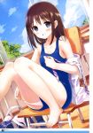  :d absurdres artist_name bag bare_legs barefoot blue_bag blue_eyes blue_sky blue_stripes blue_swimsuit blush body_blush bow bow_bra bra bra_removed brown_hair chair changing_clothes classroom cloud cloudy_sky collarbone collared_shirt day dengeki_moeou desk diagonal-striped_neckwear eyebrows_visible_through_hair eyes_visible_through_hair foot_dangle framed_image highres hiide indoors knees_together_feet_apart knees_up looking_at_viewer necktie off_shoulder official_art one-piece_swimsuit open_clothes open_mouth open_shirt original page_number panties panties_under_swimsuit panty_pull pink_bow pink_neckwear scan school_bag school_chair school_desk school_swimsuit school_uniform shirt sitting sky smile solo swimsuit tree underwear white_panties white_shirt white_stripes window 