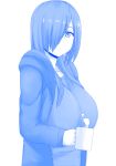  1girl blue breasts coffee_mug cup hair_over_one_eye highres holding holding_cup hood hooded_jacket huge_breasts jacket long_hair looking_at_viewer monochrome mug nao_(ritsancrossover) open_clothes open_jacket original pai-chan_(nao) simple_background solo white_background 
