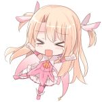  &gt;_&lt; ascot blonde_hair blush boots chibi closed_eyes commentary_request cross elbow_gloves facing_viewer fate/kaleid_liner_prisma_illya fate_(series) feathers full_body gloves hair_feathers illyasviel_von_einzbern knee_boots long_hair natsu_(sinker8c) open_mouth orange_neckwear outstretched_arms pink_feathers pink_footwear pink_shirt pleated_skirt prisma_illya shirt simple_background skirt sleeveless sleeveless_shirt solo tears two_side_up very_long_hair white_background white_gloves white_skirt 