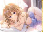  areola_slip areolae artist_name bangs bare_arms bare_legs bare_shoulders bed blush breasts closed_mouth collarbone cowboy_shot curtains dengeki_moeou dutch_angle eyebrows_visible_through_hair highres index_finger_raised indoors large_breasts light_brown_hair lips long_hair looking_at_viewer lying messy_hair naked_towel nude on_bed on_side pillow purple_eyes shiny shiny_hair shiny_skin sidelocks smile solo towel twilight window yuuki_hagure 