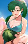 10s breasts dotentity earrings eyes_closed fire_emblem fire_emblem:_rekka_no_ken fruit green_hair jewelry large_breasts long_hair lyndis_(fire_emblem) open_mouth ponytail shiny shiny_hair spread_legs swimsuit thighs tied_hair watermelon 