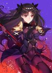  black_hair black_ribbon bodysuit breasts commentary cosplay dual_wielding fate/grand_order fate_(series) floral_background flower gae_bolg hair_ribbon holding ishtar_(fate/grand_order) pauldrons polearm purple_background red_eyes ribbon scathach_(fate)_(all) scathach_(fate/grand_order) scathach_(fate/grand_order)_(cosplay) skin_tight spear spider_lily two_side_up veil weapon yaoshi_jun 