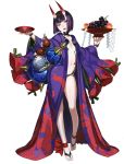  1girl alcohol bangs breasts cup fate/grand_order fate_(series) honjou_raita horns japanese_clothes kimono looking_at_viewer navel official_art oni open_mouth purple_eyes purple_hair sake short_hair shuten_douji_(fate/grand_order) small_breasts smile solo toes 