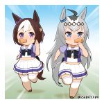  animal_ears blue_eyes brown_hair capriccyo carrot chibi commentary_request full_body horse_ears horse_girl horse_tail long_hair mouth_hold multicolored_hair multiple_girls oguri_cap_(umamusume) pleated_skirt purple_eyes running school_uniform short_hair silver_hair skirt special_week speed_lines tail thighhighs twitter_username two-tone_hair umamusume white_legwear white_skirt 