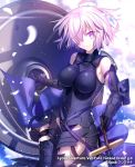  :o armor armored_boots armored_dress bare_shoulders black_legwear boots cloud cloudy_sky elbow_gloves eyebrows_visible_through_hair fate/grand_order fate_(series) gloves hair_over_one_eye highres holding holding_sword holding_weapon looking_at_viewer mash_kyrielight petals purple_eyes purple_gloves purple_hair sheath sheathed shield shinooji short_hair sky solo sword thigh_strap weapon 