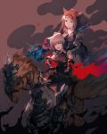  animal animal_ears blue_eyes braid brown_hair cat_ears chocobo closed_mouth facial_mark final_fantasy final_fantasy_xiv gauntlets highres holding holding_staff long_hair miqo'te multiple_girls multiple_riders natsumoka open_mouth riding short_hair sleeveless staff 