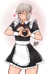  airisubaka alternate_costume cleavage_cutout elfi_(fire_emblem_if) enmaided eyebrows_visible_through_hair fire_emblem fire_emblem_if green_eyes grey_hair hair_bun heart heart_hands highres maid muscle muscular_female signature simple_background smile 