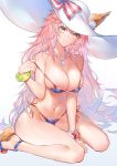 1girl absurdres animal_ear_fluff animal_ears bare_shoulders bikini blue_bikini blush bracelet breasts cleavage collarbone ears_through_headwear fate/extra fate/grand_order fate_(series) fox_ears fox_tail hat highres horz jewelry large_breasts long_hair looking_at_viewer navel necklace parted_lips pink_hair sandals side-tie_bikini simple_background sitting sketch smile solo sun_hat swimsuit tail tamamo_(fate)_(all) tamamo_no_mae_(fate) tamamo_no_mae_(swimsuit_lancer)_(fate) wariza white_background yellow_eyes 