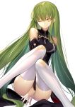  bangs bare_shoulders c.c. closed_mouth code_geass commentary covering detached_sleeves eyebrows_visible_through_hair green_hair highres knees_together_feet_apart long_hair long_legs one_eye_closed shinooji simple_background sitting solo thighhighs very_long_hair white_background white_legwear yellow_eyes 