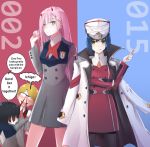  2girls alternate_costume black_hair black_legwear blonde_hair blood blush candy character_name commentary cosplay costume_switch darling_in_the_franxx emaxart english english_commentary food glasses gorou_(darling_in_the_franxx) green_eyes hair_ornament hairclip hat highres hiro_(darling_in_the_franxx) holding holding_food horns ichigo_(darling_in_the_franxx) ichigo_(darling_in_the_franxx)_(cosplay) jacket_on_shoulders lollipop long_hair looking_at_viewer military military_uniform multiple_boys multiple_girls nosebleed orange_neckwear pantyhose peaked_cap pilot_suit pink_hair red_horns school_uniform short_hair smile speech_bubble tongue tongue_out uniform zero_two_(darling_in_the_franxx) zero_two_(darling_in_the_franxx)_(cosplay) 