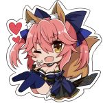  animal_ear_fluff animal_ears blue_legwear blue_ribbon breasts chibi cleavage detached_sleeves fang fate/extra fate/extra_ccc fate/grand_order fate_(series) fox_ears fox_shadow_puppet fox_tail hair_ribbon heart japanese_clothes large_breasts one_eye_closed open_mouth pink_hair retsuto ribbon simple_background solo tail tamamo_(fate)_(all) tamamo_no_mae_(fate) white_background yellow_eyes 