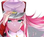  aqua_eyes csc00014 darling_in_the_franxx hand_on_headwear hat highres long_hair looking_at_viewer peaked_cap pink_hair simple_background solo uniform white_background zero_two_(darling_in_the_franxx) 