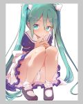  blue_dress blue_shirt bobby_socks bow caburi commentary_request dress eyebrows_visible_through_hair green_eyes green_hair hair_between_eyes hair_bow hair_ribbon hands_together hatsune_miku highres light_blush long_hair looking_at_viewer mary_janes panties pantyshot pantyshot_(squatting) polka_dot polka_dot_panties ribbon sailor_collar sailor_dress shirt shoes simple_background skirt smile socks solo squatting twintails underwear upskirt very_long_hair vocaloid white_background white_panties white_skirt 