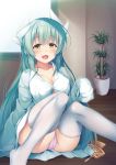  :d aqua_hair bangs blush breasts cleavage collarbone collared_shirt commentary_request dress_shirt eyebrows_visible_through_hair fang fate/grand_order fate_(series) hair_ornament_removed highres horns indoors kiyohime_(fate/grand_order) knees_up long_hair long_sleeves looking_at_viewer medium_breasts no_pants no_shoes on_floor open_mouth panties partially_unbuttoned pink_panties plant potted_plant shirt sitting sleeves_past_fingers sleeves_past_wrists smile solo thighhighs underwear very_long_hair white_legwear white_shirt window wing_collar wooden_floor yellow_eyes yuki_kawachi 