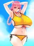  alternate_breast_size armpits arms_behind_head arms_up bangs bare_shoulders bikini blue_sky braid breasts closed_mouth collarbone commentary_request eyebrows_visible_through_hair fate/grand_order fate_(series) florence_nightingale_(fate/grand_order) folded_ponytail gigantic_breasts hayama_kazusa highres hips long_hair looking_at_viewer navel pink_hair red_eyes side-tie_bikini sky solo swimsuit underboob whistle yellow_bikini 