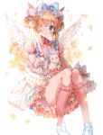  angel_wings animal animal_on_lap b_rock bag bangs bell blue_bow blue_eyes blush bow bubble cat collared_shirt double_bun dress eyebrows_visible_through_hair eyepatch feathered_wings flower frilled_bow frilled_dress frilled_legwear frilled_sleeves frills grey_bow hair_bell hair_bow hair_ornament head_wings kneehighs looking_at_viewer messenger_bag orange_hair original petals pigeon-toed pinafore_dress pink_legwear pink_shirt shirt shoulder_bag sidelocks sleeves_past_wrists solo striped striped_bow very_long_sleeves white_wings wings 