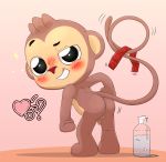  2018 anthro butt condom cub digital_media_(artwork) flaccid fur hair hau_hau hi_res looking_at_viewer male mammal monkey nude penis playkids polygon5 primate simple_background smile solo standing text young 