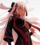  absurdres ahoge arm_guards bangs black_bow black_coat bow breasts cleavage cleavage_cutout closed_mouth dark_skin fate/grand_order fate_(series) grey_background hair_between_eyes hair_bow high_collar highres large_breasts long_hair looking_at_viewer okita_souji_(alter)_(fate) okita_souji_(fate)_(all) shibabablue sidelocks solo tassel tied_hair underboob underboob_cutout underbust very_long_hair white_hair yellow_eyes 