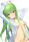  arms_up bangs bare_chest blush breasts c.c. code_geass collarbone collared_shirt green_hair highres long_hair long_sleeves looking_at_viewer medium_breasts navel runastark shirt smile stomach unbuttoned unbuttoned_shirt upper_body white_shirt yellow_eyes 