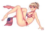  american_flag american_flag_bikini barefoot bikini blue_eyes breasts brown_hair commentary danielle_brindle english_commentary flag_print full_body intrepid_(kantai_collection) kantai_collection large_breasts looking_at_viewer open_mouth plantar_flexion ponytail short_hair side-tie_bikini simple_background smile solo swimsuit twitter_username white_background 