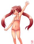  :d alternate_costume arm_up armpits artist_logo bikini brown_eyes brown_hair collarbone commentary_request dated eyebrows_visible_through_hair fang groin highres kanon_(kurogane_knights) kantai_collection libeccio_(kantai_collection) long_hair looking_at_viewer lowleg lowleg_bikini micro_bikini navel open_mouth pink_bikini simple_background smile solo striped striped_bikini striped_bikini_top swimsuit twintails waving white_background 