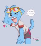  &lt;3 anthro blue_fur cartoon_network cat child clothing cub dirty_talk english_text eyewear feline foxxx321 fur gumball_watterson invalid_tag male mammal open_mouth profanity shirt shorts simple_background solo standing sunglasses t-shirt text the_amazing_world_of_gumball tongue tongue_out whiskers young 