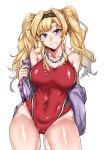  absurdres alternate_costume blonde_hair blue_eyes breasts cameltoe competition_swimsuit covered_navel cowboy_shot gggg goggles goggles_around_neck granblue_fantasy hair_intakes head_tilt highres jacket large_breasts looking_at_viewer one-piece_swimsuit open_clothes open_jacket parted_lips purple_jacket red_swimsuit shiny shiny_clothes simple_background solo swimsuit thighs twintails white_background zeta_(granblue_fantasy) 