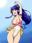  areola_slip areolae arm_up ass_visible_through_thighs blue_background blue_eyes blue_hair braid breasts casual_one-piece_swimsuit covered_nipples cowboy_shot fire_emblem fire_emblem:_seima_no_kouseki fire_emblem_heroes gradient gradient_background highleg highleg_swimsuit highres large_breasts long_hair looking_at_viewer memetsu_(umvn4442) one-piece_swimsuit ponytail solo swimsuit tana twin_braids 