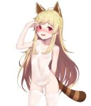  :d animal_ears arm_behind_back arm_up bangs bare_arms bare_shoulders blonde_hair blush cameltoe casual_one-piece_swimsuit collarbone condom eyebrows_visible_through_hair fang fingernails groin highleg highleg_swimsuit highres holding holding_condom kuki_panda_(wkdwnsgk13) long_hair looking_at_viewer nose_blush one-piece_swimsuit open_mouth pussy_juice red_eyes sidelocks simple_background smile solo soul_worker stella_unibell striped_tail swimsuit tail thighhighs used_condom very_long_hair white_background white_legwear white_swimsuit 