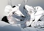  bed black_hair blanket blue_eyes blurry blush depth_of_field embarrassed gradient gradient_background grey_background greyscale hand_on_another's_mouth jewelry katsuki_yuuri long_sleeves lying male_focus monochrome multiple_boys nu_kazuke open_mouth pillow ring robe short_hair simple_background spot_color spread_legs twitter_username viktor_nikiforov white_hair yaoi yuri!!!_on_ice 