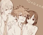  2boys breasts commentary_request kairi_(kingdom_hearts) kingdom_hearts kingdom_hearts_ii medium_hair multiple_boys ramochi_(auti) riku school_uniform short_hair small_breasts sora_(kingdom_hearts) 