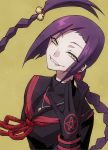  bell black_gloves braid chikujouin_magane commentary_request earrings gloves hair_bell hair_ornament jewelry long_hair looking_at_viewer mekariruwii purple_hair re:creators school_uniform serafuku sharp_teeth single_braid smile solo teeth torii_earrings 