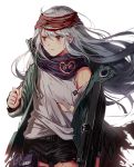  assault_rifle bangs brown_eyes coat g11 g11_(girls_frontline) girls_frontline gun hair_between_eyes heckler_&amp;_koch holding holding_weapon injury jacket long_hair looking_away open_clothes open_coat pouch rifle scarf scarf_on_head shirt shorts silence_girl silver_hair simple_background solo torn_clothes very_long_hair weapon white_background 