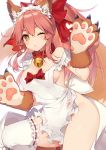  animal_ear_fluff animal_ears apron bangs bare_shoulders bell bell_collar blush bow breasts cat_hair_ornament cat_paws cleavage collar commentary_request cowboy_shot fate/grand_order fate_(series) fox_ears fox_tail frilled_apron frills gloves hair_between_eyes hair_bow hair_ornament jingle_bell large_breasts long_hair looking_at_viewer maid_headdress muryotaro naked_apron one_eye_closed orange_eyes parted_lips paw_gloves paw_print paws pink_hair pink_heart ponytail red_bow simple_background standing standing_on_one_leg tail tamamo_(fate)_(all) tamamo_cat_(fate) thighhighs white_apron white_background white_legwear 
