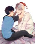  al_(ahr) bed bed_sheet between_legs black_hair blue_eyes blue_shirt expressionless eye_contact full_body grey_hair hand_between_legs happy hat katsuki_yuuri looking_at_another male_focus multiple_boys profile putting_on_hat putting_on_headwear robe santa_hat shaded_face shirt short_hair simple_background sitting smile socks viktor_nikiforov white_background yuri!!!_on_ice 