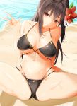  arm_support bad_id bad_pixiv_id beach bikini breasts brown_eyes brown_hair collarbone covered_nipples fenrir_(fenrir042) flower from_above hair_flower hair_ornament iris_yuma large_breasts looking_to_the_side multi-strapped_bikini navel sitting smile solo soul_worker spread_legs swimsuit v water 
