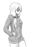  commentary_request final_fantasy final_fantasy_tactics flat_chest geomancer_(fft) greyscale long_hair monochrome no_pants solo sweater takomeshi turtleneck 