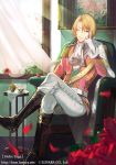  ;) belt black_footwear blonde_hair boots chair copyright_name crossed_legs cup curtains day flower full_body gloves hand_up helix_saga indoors kanashiki looking_at_viewer male_focus official_art one_eye_closed painting_(object) pants petals smile solo table tablecloth teacup teapot vest watermark web_address white_gloves white_neckwear white_pants 