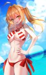  :d absurdres ahoge bangs baocaizi bare_arms bare_shoulders bikini blonde_hair blue_sky blush breasts cleavage cloud collarbone criss-cross_halter day dutch_angle eyebrows_visible_through_hair fate/grand_order fate_(series) fingernails green_eyes hair_between_eyes hair_intakes halterneck hand_on_hip head_tilt highres horizon large_breasts long_hair navel nero_claudius_(fate)_(all) nero_claudius_(swimsuit_caster)_(fate) ocean open_mouth outdoors red_bikini_bottom side-tie_bikini sidelocks sky smile solo striped striped_bikini swimsuit twintails water 