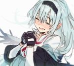  1girl blue_hair blush closed_eyes commentary_request crying fang girls_frontline gloves nin open_mouth scar smile solo tears thunder_(girls_frontline) 