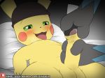  2018 3_fingers ambiguous_gender balls bandanna bed black_fur blue_fur blush duo erection foreskin foreskin_play fur green_eyes hand_on_penis looking_pleasured lucario lying male male/ambiguous nintendo nude on_back open_mouth penis pikachu pillow pok&eacute;mon pok&eacute;mon_(species) precum solo_focus spike_(disambiguation) tongue tongue_out uncut url video_games winick-lim yellow_fur 