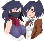  asymmetrical_docking ayame_(gundam_build_divers) blush breast_press breasts commentary_request cropped_torso dual_persona embarrassed face_mask fujisawa_aya_(gundam_build_divers) gundam gundam_build_divers konoshita_kiyomasa long_hair looking_at_viewer mask medium_breasts multiple_girls neck_ribbon ninja ninja_mask open_mouth ponytail purple_eyes purple_hair red_scarf ribbon sagging_breasts scarf simple_background small_breasts white_background 