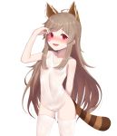 :d animal_ears arm_behind_back arm_up bangs bare_arms bare_shoulders blush brown_hair cameltoe casual_one-piece_swimsuit collarbone condom eyebrows_visible_through_hair fang fingernails groin highleg highleg_swimsuit highres holding holding_condom kuki_panda_(wkdwnsgk13) long_hair looking_at_viewer nose_blush one-piece_swimsuit open_mouth pussy_juice red_eyes sidelocks simple_background smile solo soul_worker stella_unibell striped_tail swimsuit tail thighhighs used_condom very_long_hair white_background white_legwear white_swimsuit 