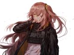 armband bangs black_gloves blood brown_eyes brown_hair damaged deep_wound fingerless_gloves floating_hair girls_frontline gloves gun h&amp;k_ump h&amp;k_ump45 hair_between_eyes hair_ornament hand_to_own_mouth heckler_&amp;_koch holding holding_gun holding_weapon hood hood_down hooded_jacket injury jacket load_bearing_vest long_hair looking_at_viewer one_eye_closed one_side_up open_clothes open_jacket scar scar_across_eye scarf silence_girl simple_background smile submachine_gun torn_clothes ump45_(girls_frontline) weapon white_background wind wind_lift yellow_eyes 