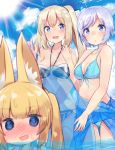  :o @_@ ahoge animal_ear_fluff animal_ears bangs bikini blonde_hair blue_eyes blue_sky blush breasts cleavage cloud collarbone commentary_request day dennou_shoujo_youtuber_shiro doorknoble drooling eyebrows_visible_through_hair fox_ears front-tie_bikini front-tie_top hair_ribbon halterneck highres holding inflatable_shark inflatable_toy kemomimi_oukoku_kokuei_housou lens_flare long_hair looking_at_viewer medium_breasts mikoko_(kemomimi_oukoku_kokuei_housou) mirai_akari mirai_akari_project multiple_girls navel nose_blush o-ring o-ring_bikini ocean open_mouth outdoors partially_submerged ribbon sarong shiro_(dennou_shoujo_youtuber_shiro) short_hair side_ponytail silver_hair sky standing sun sunlight sweat swimsuit twintails virtual_youtuber wading water 